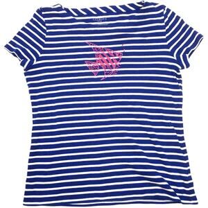 Talbots Pima Tee Striped Fish Beaded Short Sleeve Women's L‎ Petite Blue White